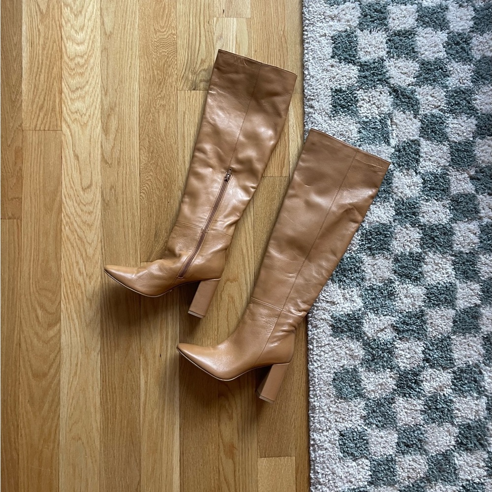 NA-KD Knee High Leather Boots - Beige